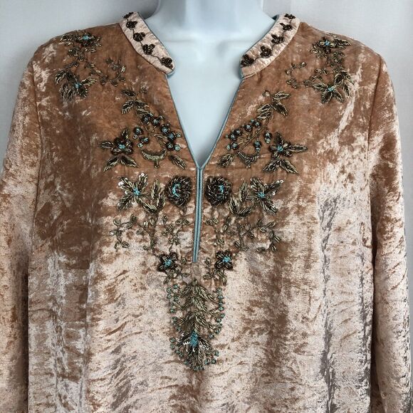 Soft Surroundings Moroccan Beaded Tunic Top Crushed Velvet Blush Pink Petite Med - Picture 4 of 13